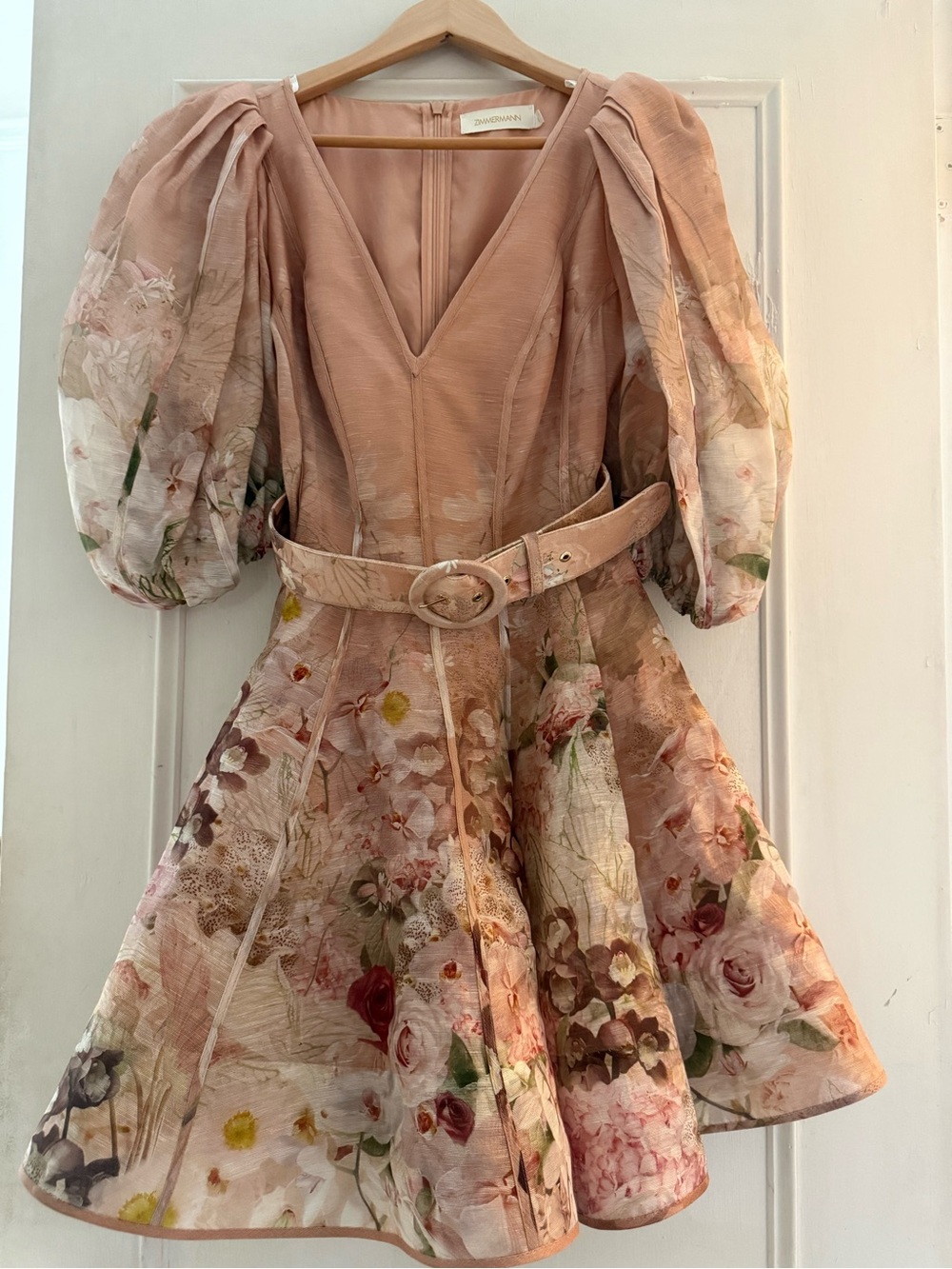 Zimmermann Blush Floral Puff-Sleeve Mini Dress with Belt